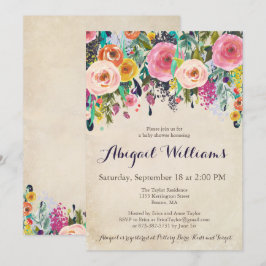 Farbenfrohe Blumendusche, Vintage Einladung