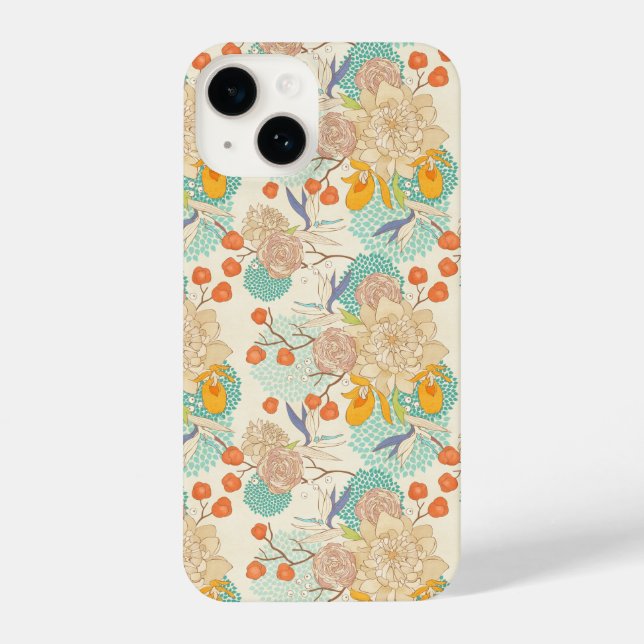 Farbenfrohe Blumengartenmuster iPhone 14 Hülle (Rückseite)