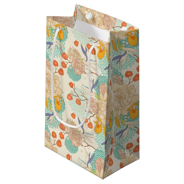 Farbenfrohe Blumengartenmuster Kleine Geschenktüte (Vorderseite Schrägansicht)