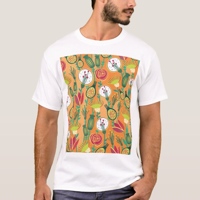 Farbenfrohe, blumengeschmückte Muster T-Shirt (Vorderseite)
