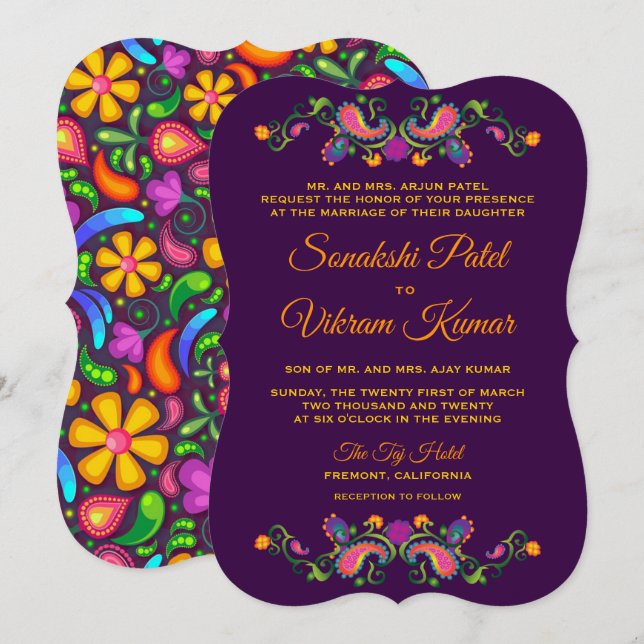 farbenfrohe blumengeschmückte Paisley Indian Weddi Einladung (Vorne/Hinten)