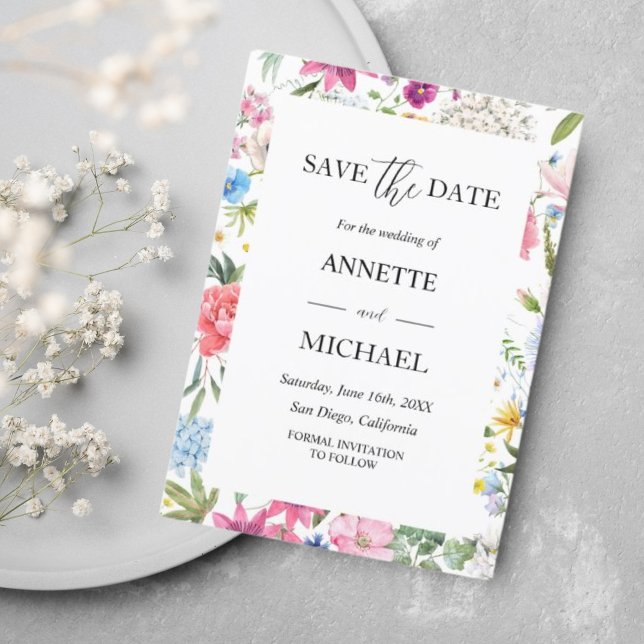 Farbenfrohe, blumengeschmückte Save the Date (Von Creator hochgeladen)