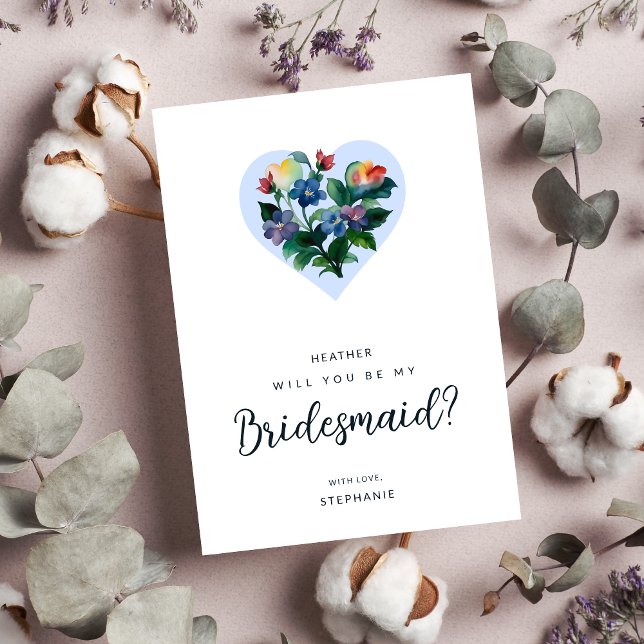 Farbenfrohe Blumenherz Blue Shades Bridesmaid Einladung (Colorful Floral Heart Blue Shades Bridesmaid Proposal Card with Envelope. )