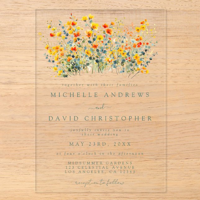 farbenfrohe Blumenhochzeit Acryleinladungen (Vorderseite)