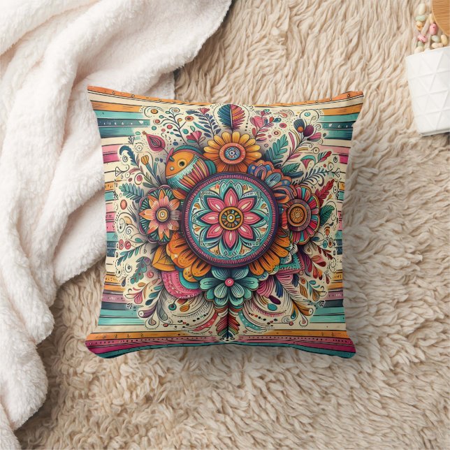 Farbenfrohe Blumenmandala mit komplizierten Muster Kissen (Decke)