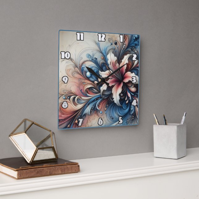 Farbenfrohe Blumenmotive mit wirbelnden Mustern Quadratische Wanduhr (Büro)