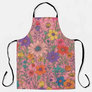 Farbenfrohe Blumenmuster auf rosa Schürze