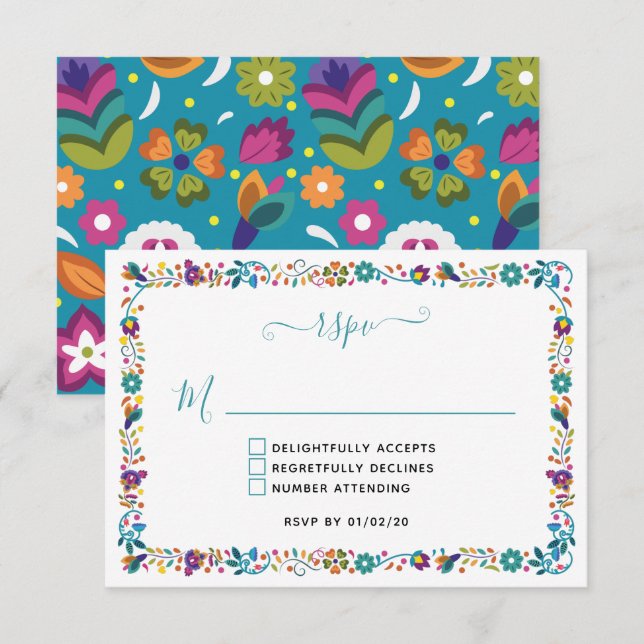 Farbenfrohe Blumenmuster mexikanische Hochzeit RSVP Karte (Vorne/Hinten)
