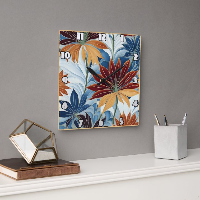 Farbenfrohe Blumenmuster mit Blätter und Blüten Quadratische Wanduhr (Büro)