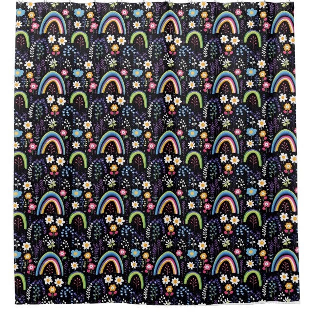Farbenfrohe Blumenmuster mit Regenbogen und Bäumen Duschvorhang (Vorderseite)