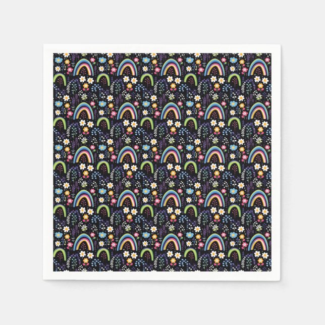 Farbenfrohe Blumenmuster mit Regenbogen und Bäumen Serviette (Vorderseite)