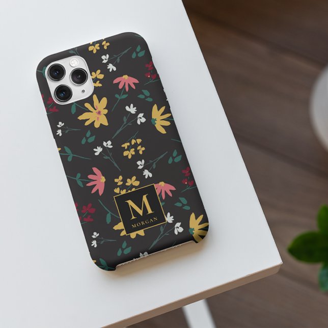 Farbenfrohe Blumenmuster Schwarz Personalisiert Case-Mate iPhone Hülle (floral pattern on black monogram iphone case)