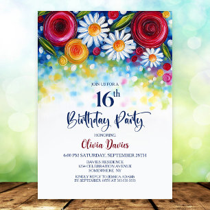 Farbenfrohe Blumenparty zum 16. Geburtstag Einladung