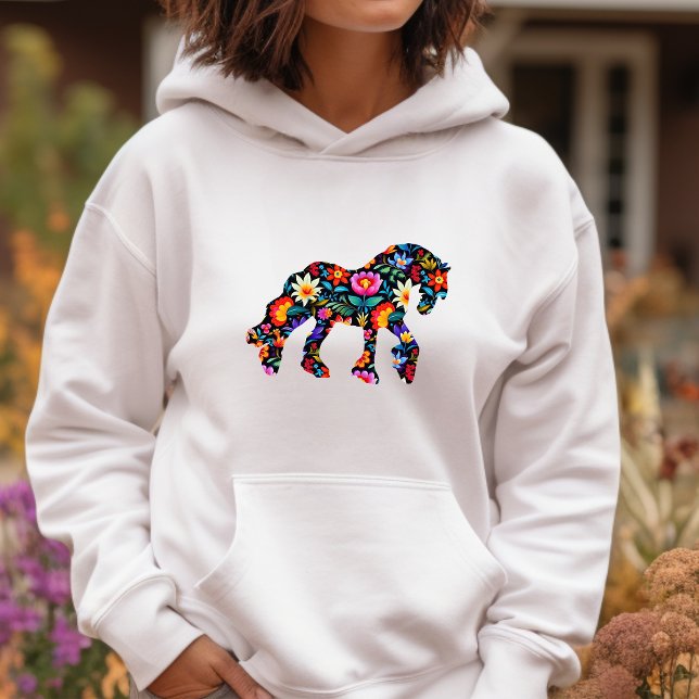 Farbenfrohe Blumenpferde Ladys Hooded Sweatshirt (Ash (very very light gray)Floral draft horse on sweatshirt hoodie.)