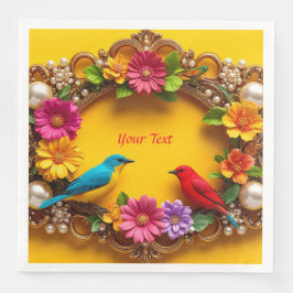 Farbenfrohe Blumenrahmen mit lebhaften Vögeln Serviette