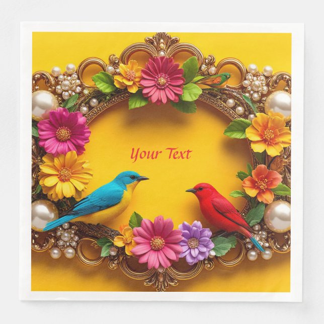 Farbenfrohe Blumenrahmen mit lebhaften Vögeln Serviette (Vorderseite)