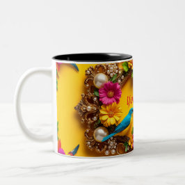 Farbenfrohe Blumenrahmen mit lebhaften Vögeln Zweifarbige Tasse