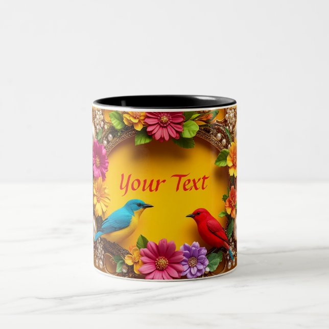 Farbenfrohe Blumenrahmen mit lebhaften Vögeln Zweifarbige Tasse (Mittel)
