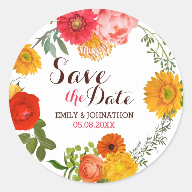 Farbenfrohe Blumenreste Save the Date Runder Aufkleber (Vorderseite)