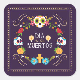 Farbenfrohe Blumenschädel Dia de Muertos | Aufkleb Quadratischer Aufkleber