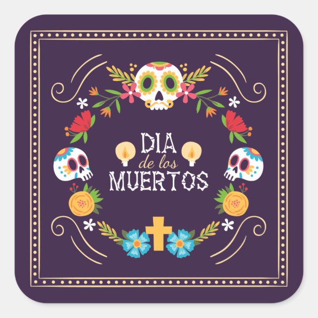 Farbenfrohe Blumenschädel Dia de Muertos | Aufkleb Quadratischer Aufkleber (Vorderseite)