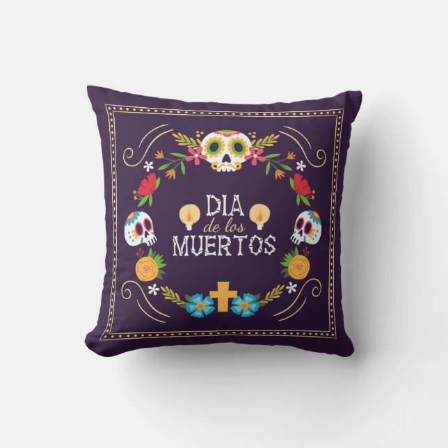 Farbenfrohe Blumenschädel Dia de Muertos Keuche Kissen (Vorderseite)