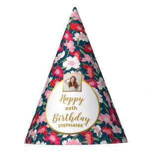 Farbenfrohe Blumenschrift Custom Foto Happy Birthd Partyhütchen