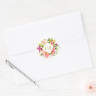 Farbenfrohe Blumensträuße Elegante Monogramm-Initi Runder Aufkleber