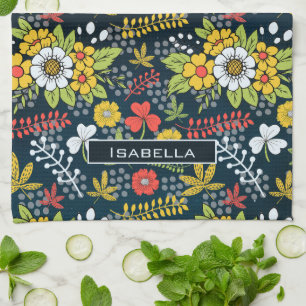 Farbenfrohe Blüte Blumenmuster personalisierter Na Geschirrtuch