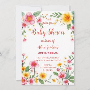 Farbenfrohe Blüte mit rosa und gelber Babydusche Einladung