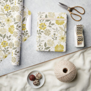 Farbenfrohe Blütendrucke - Gelbe Papierrolle Geschenkpapier