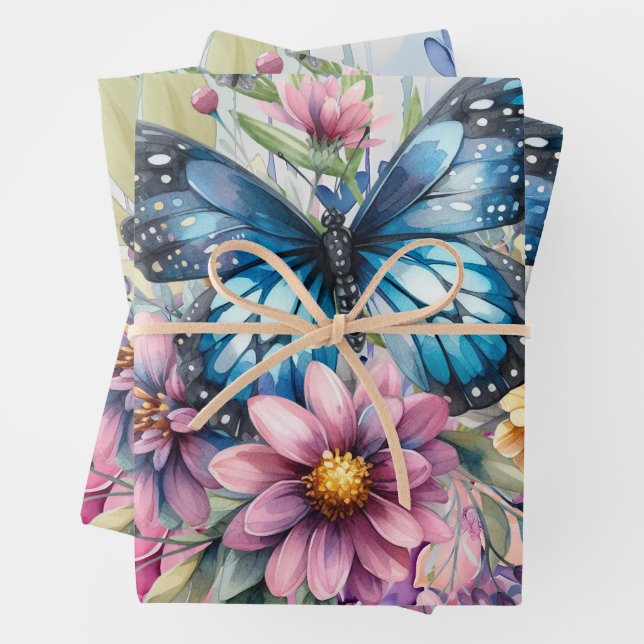 Farbenfrohe Blütenschmetterlinge Geschenkpapier Set (Beispiel)