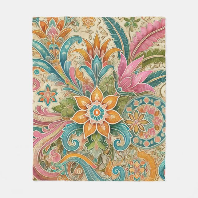 Farbenfrohe Boho-Batik-Blumen-Botanik-Wasserfarbe Fleecedecke (Vorderseite)
