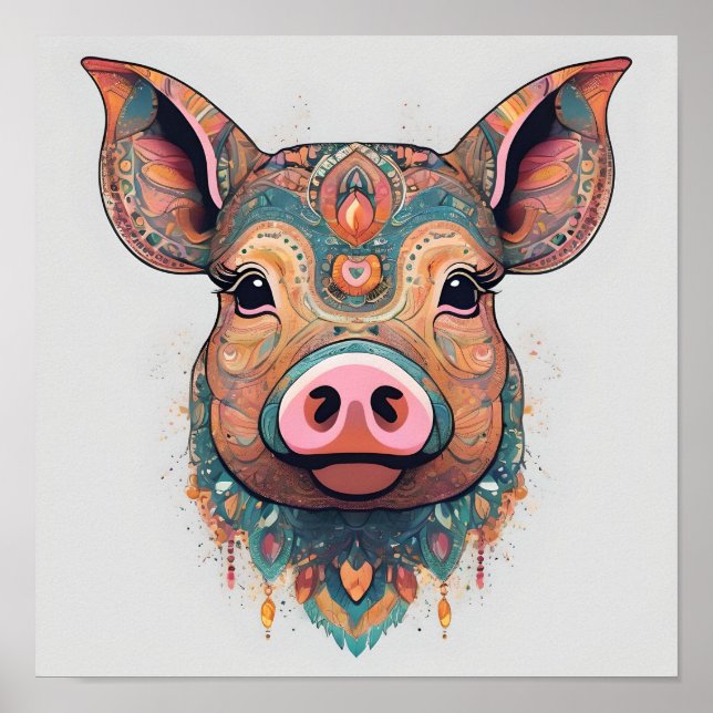 Farbenfrohe Boho Bohemisch Pig Weiße Wand Kunst, K Poster (Vorne)