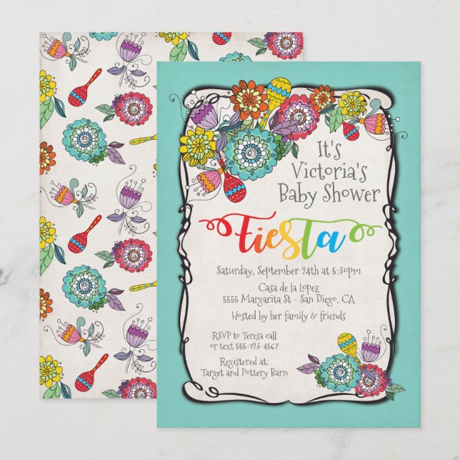 Farbenfrohe Boho Floral Mexican Fiesta Baby Dusche Einladung (Vorne/Hinten)
