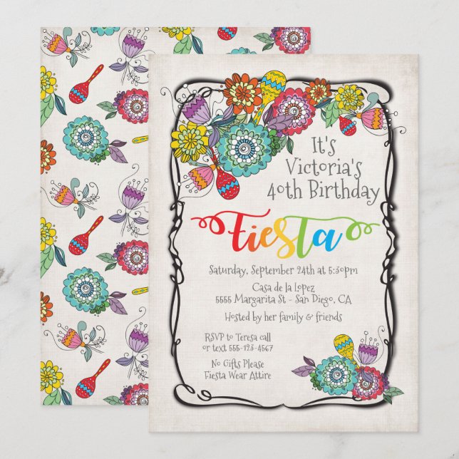 Farbenfrohe Boho floral mexikanische Fiesta Geburt Einladung (Vorne/Hinten)