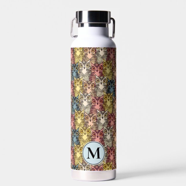 Farbenfrohe Boho Woodland Owl Pattern & Monogram Trinkflasche (Vorne)