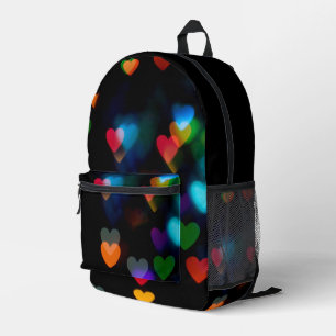 Farbenfrohe Bokeh Herzlichter auf schwarz Bedruckter Rucksack