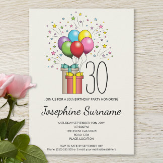 Farbenfrohe Bollons und Geschenke mit Alter Einladung