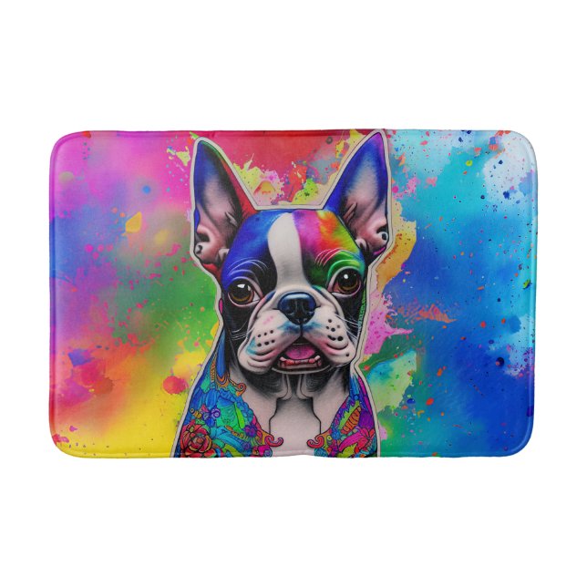 Farbenfrohe Boston Terrier Paint Splashes Badematte (Vorderseite)