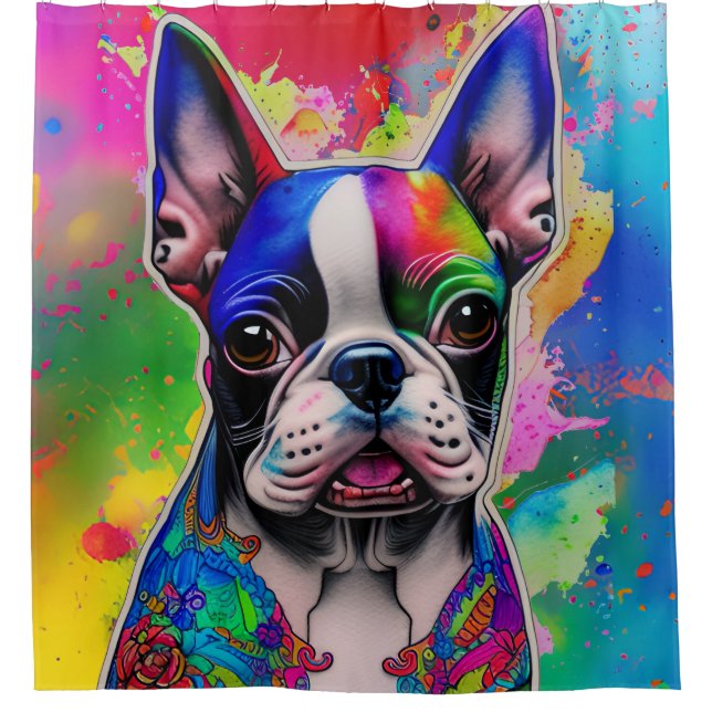Farbenfrohe Boston Terrier Paint Splashes Duschvorhang (Vorderseite)
