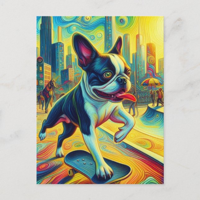 Farbenfrohe Boston Terrier Skateboarding Surreal A Postkarte (Vorderseite)