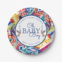 Farbenfrohe Botanische Storch Babydusche Pappteller