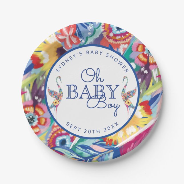 Farbenfrohe Botanische Storch Babydusche Pappteller (Vorderseite)