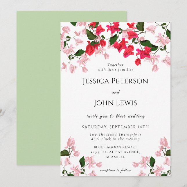 Farbenfrohe Bougainvillea Blume Einladung Hochzeit (Vorne/Hinten)