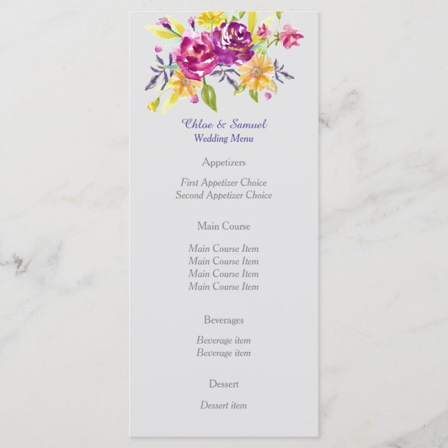 Farbenfrohe Bouquet-Hochzeitsmenü Menükarte (Vorderseite)