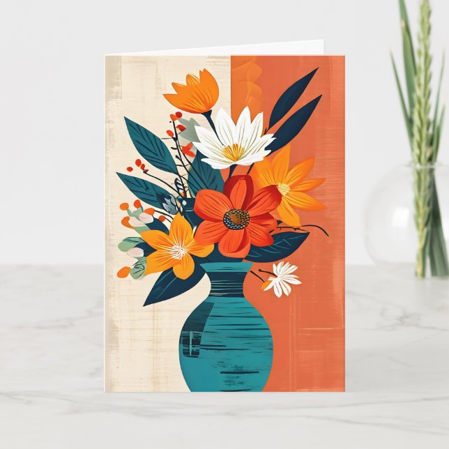 Farbenfrohe Bouquet in einer blauen Vase zum Gebur Karte (Vorderseite)