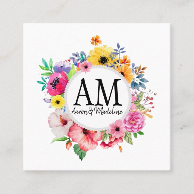 Farbenfrohe Bouquet mit individueller Floral Monog Quadratische Visitenkarte (Vorderseite)