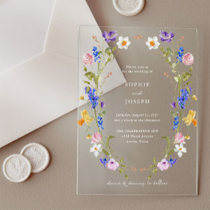 Farbenfrohe Bright Boho Blumenreath   Hochzeit Acryleinladungen