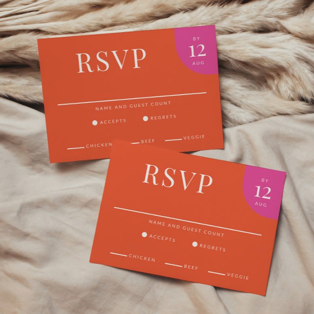 Farbenfrohe Bright Wedding Einzigartiges Orange un RSVP Karte (Orange and Pink RSVP cards add a bright burst of color. )